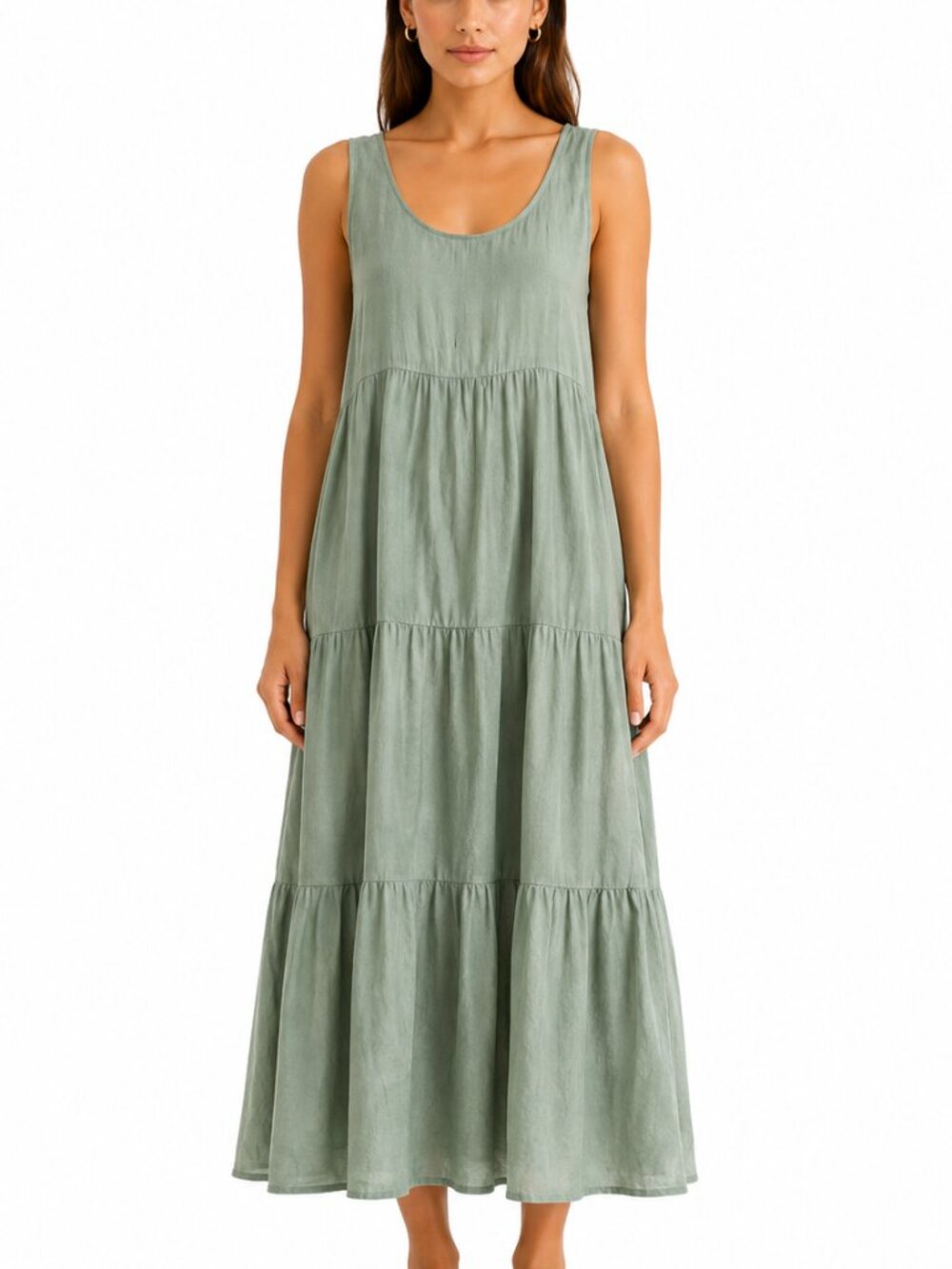 Nicole Miller Sage Green Linen Blend Tiered Maxi Dress Size LG Sleeveless NWT